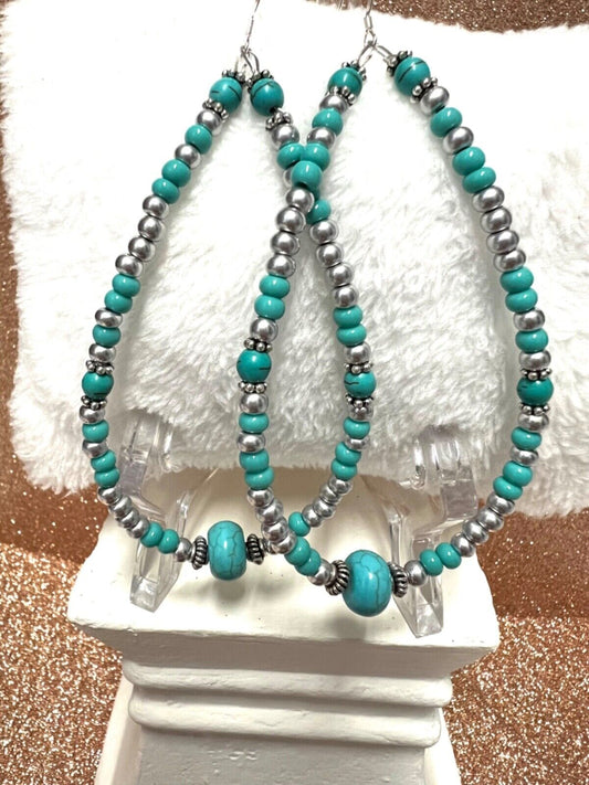 Sterling Silver Texas Western Style Teardrop Earrings W Turquoise Rondelle Beads