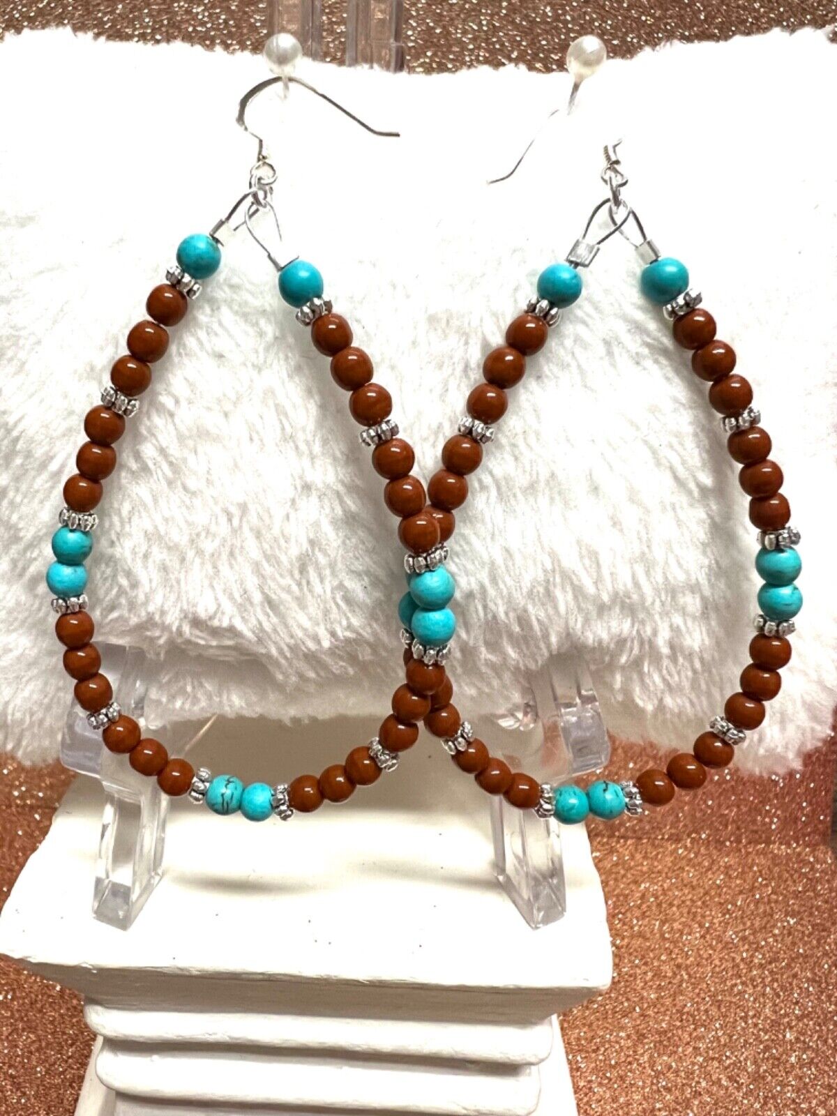 .925 Sterling Silver Terracotta & Turquoise Round Earrings 3 Inch Dangles