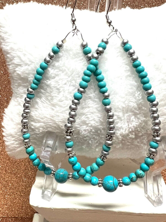 Shiny Silver Seed Bead Teardrop Hypo Earrings W Turquoise Round Beads 4 Inch