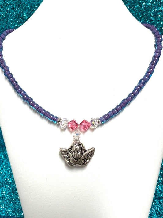 Texas Treasures Purple Pink Swarovski Crystal Angel Cherub Seed Bead Necklace